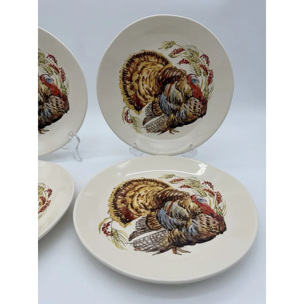 Pottery Barn Watercolor Turkey Salad Dessert Plates Set Of 4 Thanksgiving 8”